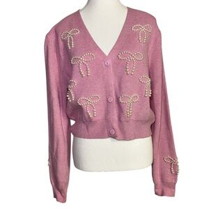 Juliana's Pink Ribbed Pearl Bow Cardigan Sweater | Coquette Balletcore